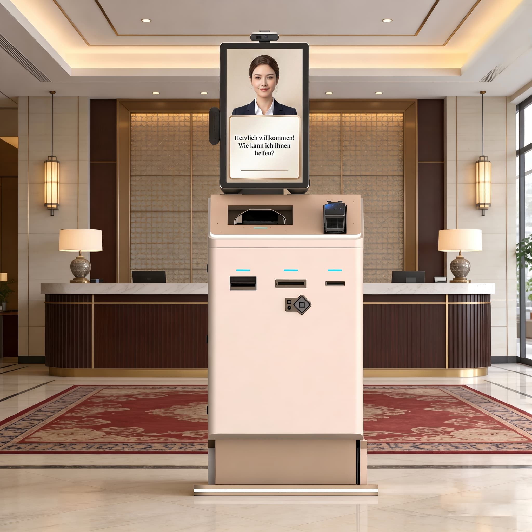 Standgerät mit Passscanner, Kartenausgabe und Belegdrucker in einer Hotellobby.
