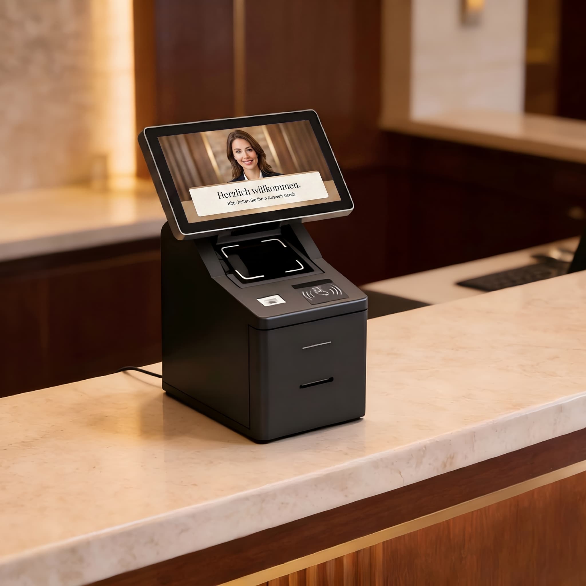 Kompaktes Desktop-Gerät mit Dokumentenscanner und NFC-Leser auf einem Empfangstresen.