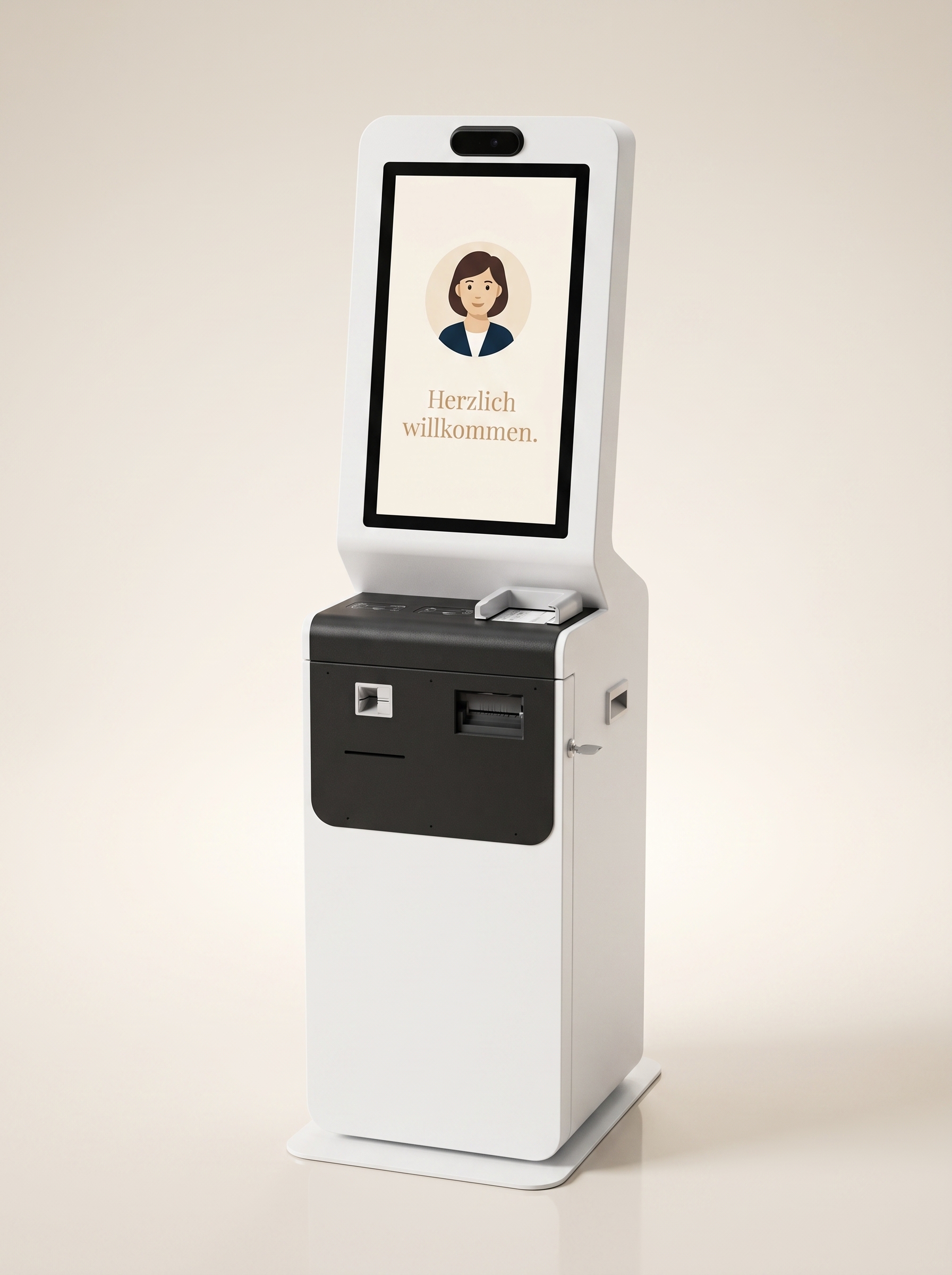 Das Allrounder-Standgerät: Self-Service-Terminal in Weiß mit großem Touchscreen, Avatar-Begrüßung, Belegdrucker und Kartenmodulen, Dreiviertelansicht im hellen Studio.